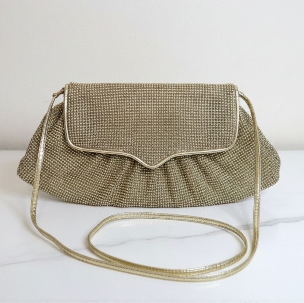Whiting & Davis VTG 70s Gold Metal Mesh Evening Bag Faux Leather/Vinyl Strap
